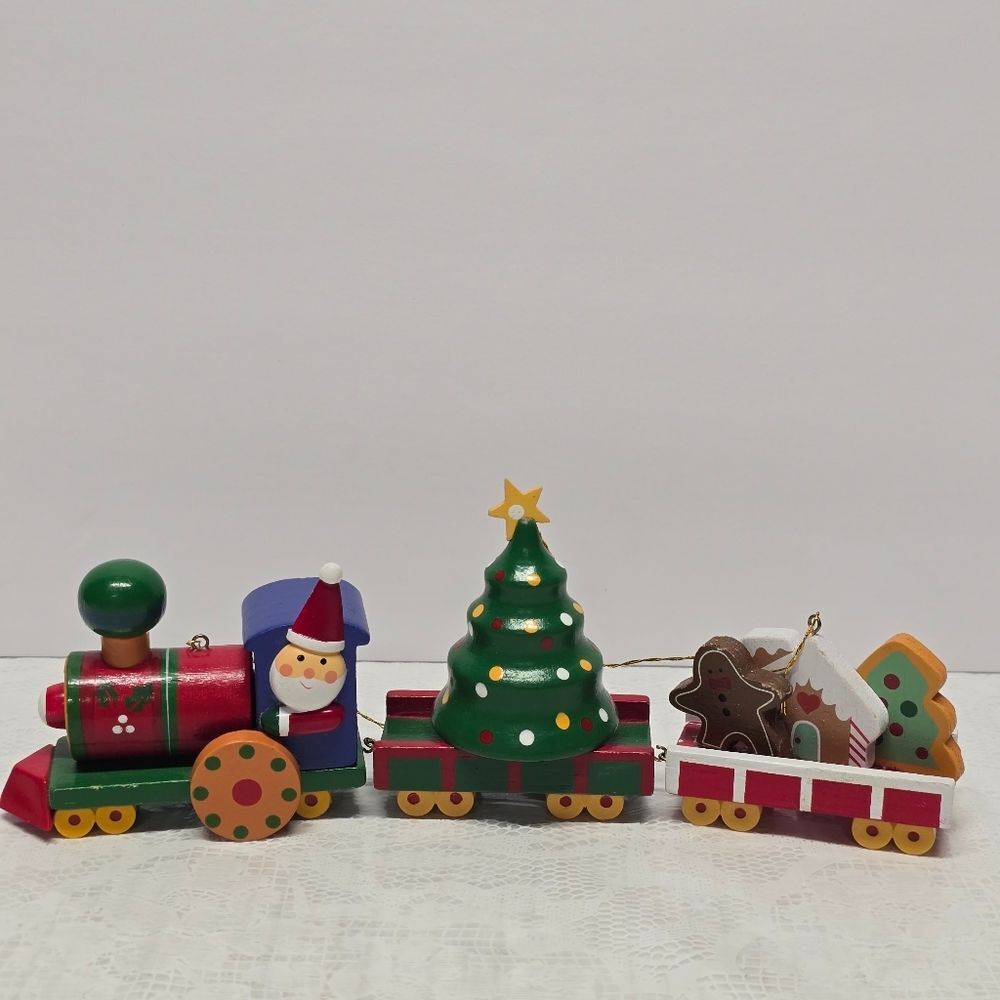 Vintage 80s Wooden Christmas Train Ornaments Set Of 3 Holiday Retro Santa